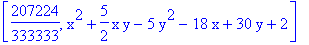 [207224/333333, x^2+5/2*x*y-5*y^2-18*x+30*y+2]